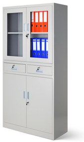 Biurowa przeszklona szafa metalowa na akta z szufladami EDMUND, 900 x 1850 x 400 mm, szara