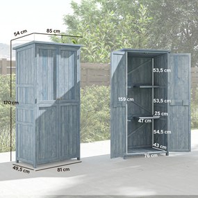 Outsunny Szafka ogrodowa z drewna odporna na warunki atmosferyczne, domek na narzędzia z podwójnymi drzwiami, magnetycznym zamknięciem, na taras, 85 x 54 x 170 cm, szary | Aosom PL
