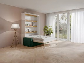 Łóżko chowane w szafie 140 x 200 cm - Otwierane ręcznie w pionie - Z oświetleniem LED - Białe i naturalne + Materac + Zielona kanapa - RAPILI