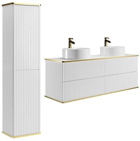 Podwieszana szafka łazienkowa prążkowana z podwójną okrągłą umywalką nablatową i słupkiem - Biała - 150 cm - KELIZA