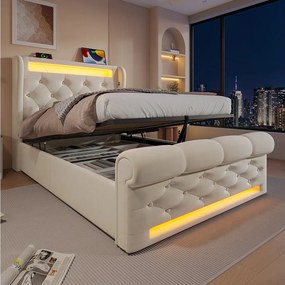90x200 cm – Łóżko pojedyncze z ładowaniem USB i oświetleniem LED – beżowy aksamit – bez materaca