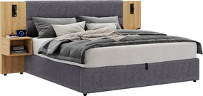 Łóżko ze schowkiem 180 x 200 cm z dużym wezgłowiem i 2 stolikami nocnymi - port USB i 2 lampki do czytania - drewno i aksamit - szary + naturalny (bez materaca)