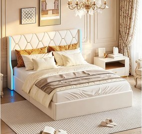 Beżowe łóżko z pojemnikiem z aksamitu z podświetleniem LED 140x190 cm z USB, styl skandynawski, stabilna konstrukcja