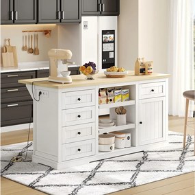 Biała wyspa kuchenna - Wózek kuchenny z 5 szufladami i 1 drzwiami - 2 wysuwane półki i gniazdko elektryczne