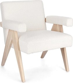 Fotel z tkaniny w kolorze kości słoniowej z nogami z drewna kauczukowego - FAIZA