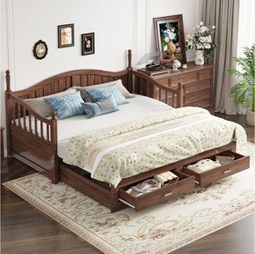 Sofa rozkładana - 90/180 x 190 cm - Sofa rozkładana - 2 szuflady - drewno sosnowe + sklejka + płyta MDF - naturalny