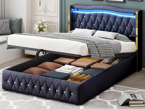 Łóżko tapicerowane 140x200 cm z oświetleniem LED - tkanina aksamitna - Czarny