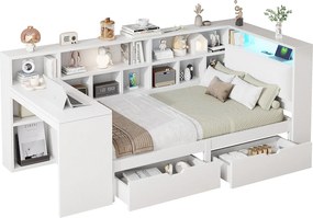 Łóżko dziecięce 90x200cm - z 2 szufladami i stacją ładowania - z kolorowymi światłami LED - białe (bez materaca)