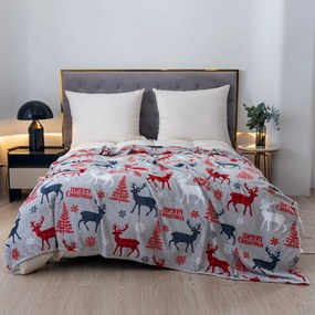 Świąteczny mikro pluszowy koc MERRY CHRISTMAS DEER szary Rozmiar: 200 x 220 cm