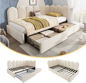 Łóżko tapicerowane dla dzieci z pojemnikiem - 90 x 190 cm - z 2 szufladami + stelaż - sofa rozkładana - aksamit - beż