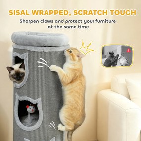 PawHut Beczka do drapania dla kotów, 96 cm, 4-poziomowa wieża dla kotów z możliwym do prania łóżkiem, 3 sypialnie, wiszące zabawki, dla wielu kotów Szary