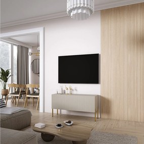 Szafka pod telewizor z ryflowanym frontem 100, Kaszmir, nóżki proste złote, 100 × 32 × 52 cm