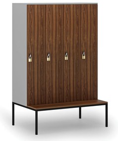 Drewniana szafa ubraniowa S4 z ławką, 4-drzwiowa, 1871 x 1200 x 500/800 mm, demontaż, zamek obrotowy, szary/orzech