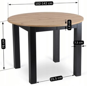 Zestaw Stół Okrągły Rozkładany HARRY 102-142 cm Dąb Artisan/Czarny i 4 Krzesła z Ekoskóry DALVIN Czarne Nowoczesne Loft