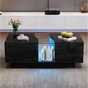Prostokątny stolik kawowy, czarny stolik kawowy z oświetleniem LED i 2 szufladami, materiał MDF, do salonu i sypialni