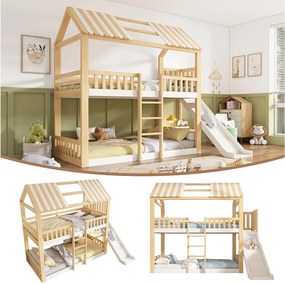 Łóżko piętrowe dla dzieci - 90 x 200 cm - z dachem + zjeżdżalnia + bezpieczne wejście + półka - drewno - naturalny + biały