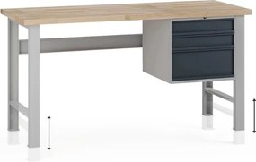 Stół warsztatowy z regulacją wysokości G7, blat bukowy, 1700 x 685 x 840-1040 mm, 1x kontener, 3x szuflada, grafitowy
