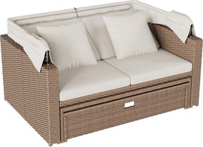 Zestaw mebli ogrodowych 2-4-osobowy - z rozkładaną sofą + stolikiem + zdejmowanym baldachimem - rattan PE i pianka - khaki