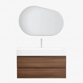 Zestaw Wiszących Mebli Łazienkowych Z Drewna I Forniru Jesionowego Zintegrowany Z Umywalką Ona Owalna Lampa Led I Przeciwmgielna 100x80 Cm Riben & Szc