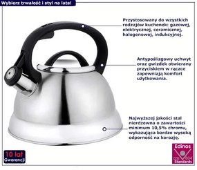 Tradycyjny srebrny czajnik z gwizdkiem 2,3L - Gorevi 4X