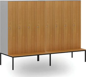 Drewniana szafa ubraniowa S4 z ławką, 4-drzwiowa, 1871 x 1200 x 500/800 mm, demontaż, zamek cylindryczny, szary/pomarańczowy