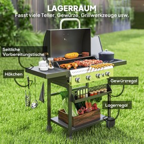 Outsunny Grill Gazowy BBQ, 4 Główne Palniki, 1 Boczny Palnik, 1 Płyta Do Podgrzewania; 135 x 55 x 103 cm, Czarny