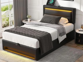 Łóżko z pojemnikiem 90x200 cm z ekoskóry z LED - z portami ładowania (przewodowym i bezprzewodowym) - Czarny