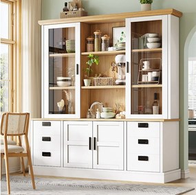 Wysoka komoda kuchenna - 140 x 40 x 185 cm - z 6 szufladami + drzwiami szklanymi + półkami - MDF - biała