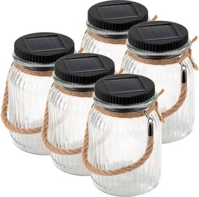 Lampiony solarne LED w słoikach, zestaw 5 sztuk, zimna biel