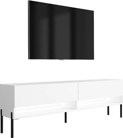 Szafka pod telewizor 170 cm Biały Mat, nóżki proste czarne, LED biały, 170 × 32 × 52 cm