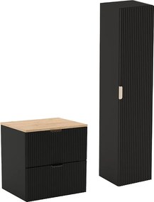 Czarny Zestaw Łazienkowy 60cm Szafka Blat Orzech Słupek Ryflowane Fronty