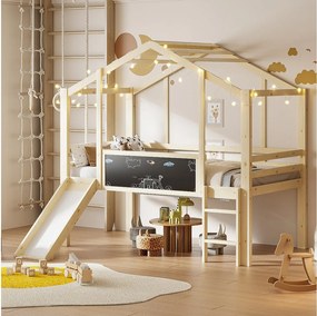 Łóżko piętrowe dla dzieci - 90 x 200 cm - z drabinką bezpieczeństwa + zjeżdżalnią + panelem graffiti - drewno - naturalne