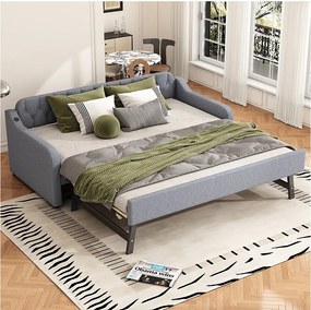 Łóżko pojedyncze z wysuwanym łóżkiem - 2 x 90 x 190 cm - Sofa rozkładana z USB - Pościel + MDF - szary