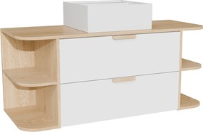 Wisząca szafka łazienkowa z wnękami i nablatową umywalką kwadratową – Biały i jasny naturalny – szer. 120 cm – AVORELI