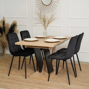 Zestaw Stół Prostokątny Rozkładany CLARK 120-160 cm Dąb Artisan/Czarny i 4 Krzesła Tapicerowane do Jadalni PERU Czarne Welurowe