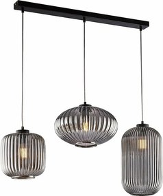 Glamour Track lampa wisząca z czarnego lakierowanego żelaza, regulowane kable, klosze z lustrzanego szarego szkła, 3 światła