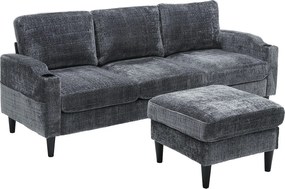 Szara sofa narożna - Sofa z podnóżkiem i schowkiem - Chenille - uchwyt na kubek i kieszeń