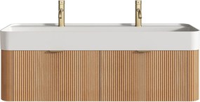 Wisząca szafka łazienkowa z prążkowanego drewna jesionowego z podwójną umywalką podblatową do zabudowy i baterią - Jasny naturalny - 120 cm - BULMAS