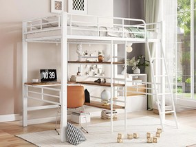 Łóżko mezzanine 90x200cm - z biurkiem i półkami na przechowywanie - Białe