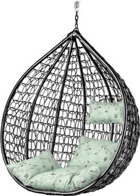 Czarne wiszące krzesło KOKON bez stojaka, jasnozielona poduszka ze wzorem