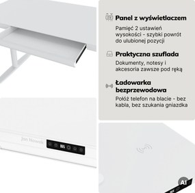 Biurko elektryczne sit-stand z szufladą i ładowarką bezprzewodową Qi białe, 1400 mm: ELLIS