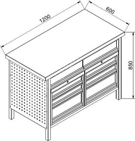 Stół warsztatowy GD, 5 szuflad, świerk + sklejka świerkowa obustronnie fornirowana, 5 szuflad, 1 szafka, 1190 x 600 x 850 mm, grafitowy / czerwony
