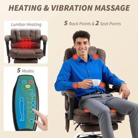 Vinsetto Masujący Fotel Biurowy z Funkcją Leżenia i Ogrzewania, Obrotowy, Ergonomiczny, do 120 kg, Brązowy
