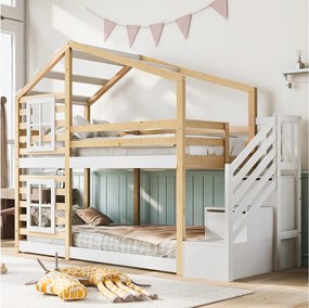 Łóżko piętrowe dwuosobowe - 2 x 90 x 200 cm - sosna i płyta MDF - schody, okna i stelaż - naturalny i biały