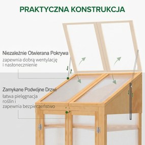 Outsunny Mini szklarnia, mała szklarnia z ramą drewnianą, oknami i podwójnymi drzwiami, 3 półki, 70Dł x 50Szer x 120Wys cm, Brązowa