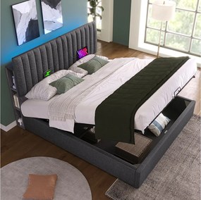 Łóżko dla dorosłych 160x200 cm - z zagłówkiem i schowkiem, USB/Typ C, LED, stelażem - len - szary - bez materaca