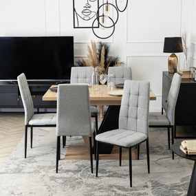 Zestaw Stół Prostokątny Rozkładany CLARK 120-160 cm Dąb Artisan/Czarny i 6 Krzeseł Tapicerowanych TEX Szarych