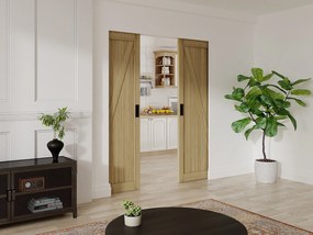 Drzwi przesuwne podwójne chowane w ścianie z drewna i MDF - Naturalny jasny - 2 x wys. 205 x szer. 63 cm - BALERMA