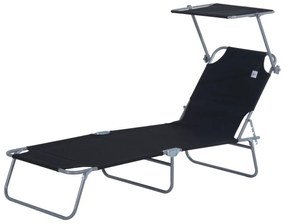 Outsunny Leżak ogrodowy składany z daszkiem przeciwsłonecznym idealny na plażę czarny 187x58x36 cm | Aosom PL