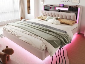 Tapicerowane łóżko 160x200cm - Wielofunkcyjne wezgłowie - z oświetleniem LED i portem USB - design w zawieszeniu - Beżowy